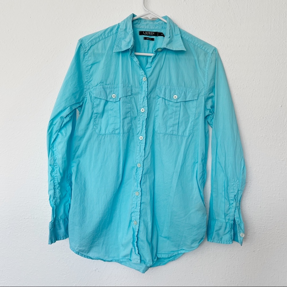Lauren Cotton Dobby Point Collar Long Sleeve Button Front Shirt, Turquoise